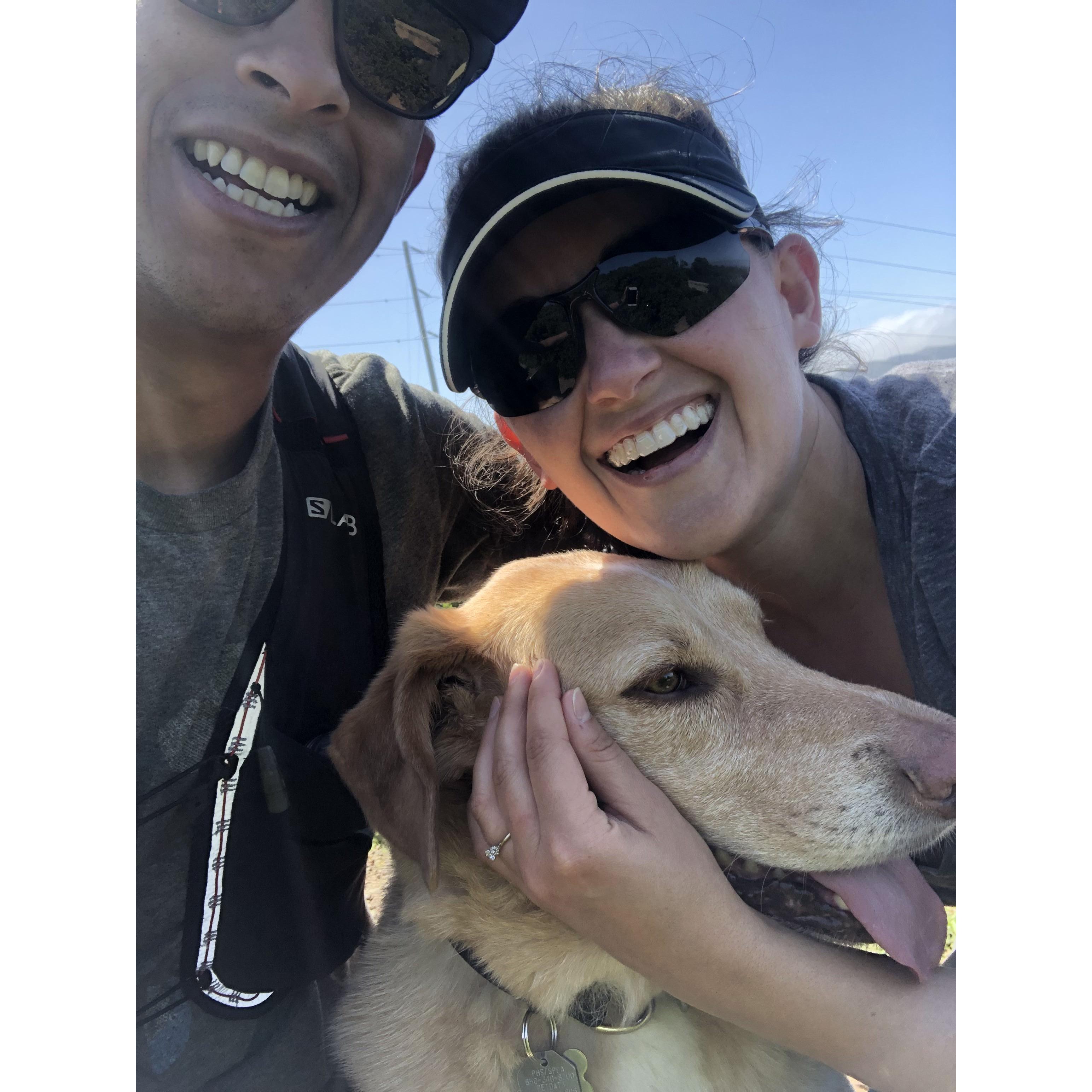 Moments after we got engaged! Sweaty and tired from a run!