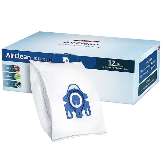 Rowhalf 12 Pack 3D Airclean Dust Bags, Compatible with Miele GN Vacuum Cleaner Bags, Replacement for Miele Classic C1 Complete C1, C2, C3, S400i S600 S2 S5 S8 Series, with 4 MP Filters, 4 AirClean Filters