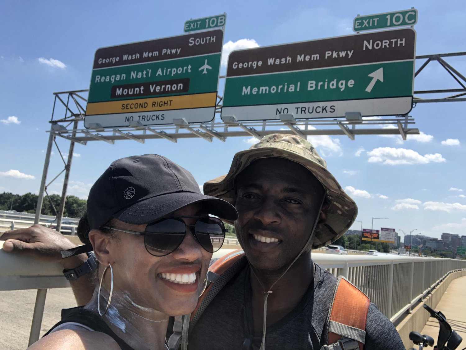 When Craig is visiting me in the DC area, we like riding bikes between DC, Maryland and Virginia.  This was on our way back to VA.  (I get sunburn easily, so you see the sunblock on my face & neck.)