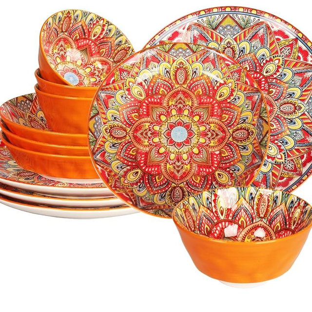 YA JU Mandala Dinnerware Sets (12 Pcs) Serves 4, Buffet Dinnerware, Boho Plates and Bowls Dish Set with 8" salad Plate 10" dinner Plate 4.8" bowl, apply Casual dining Indoor Outdoor Dining Part