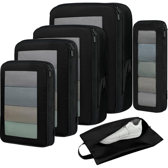 BAGAIL 4 Set/6 Set/8 Set Compression Packing Cubes Travel Accessories Expandable Packing Organizers (Square Mesh, 05-Jet Black)