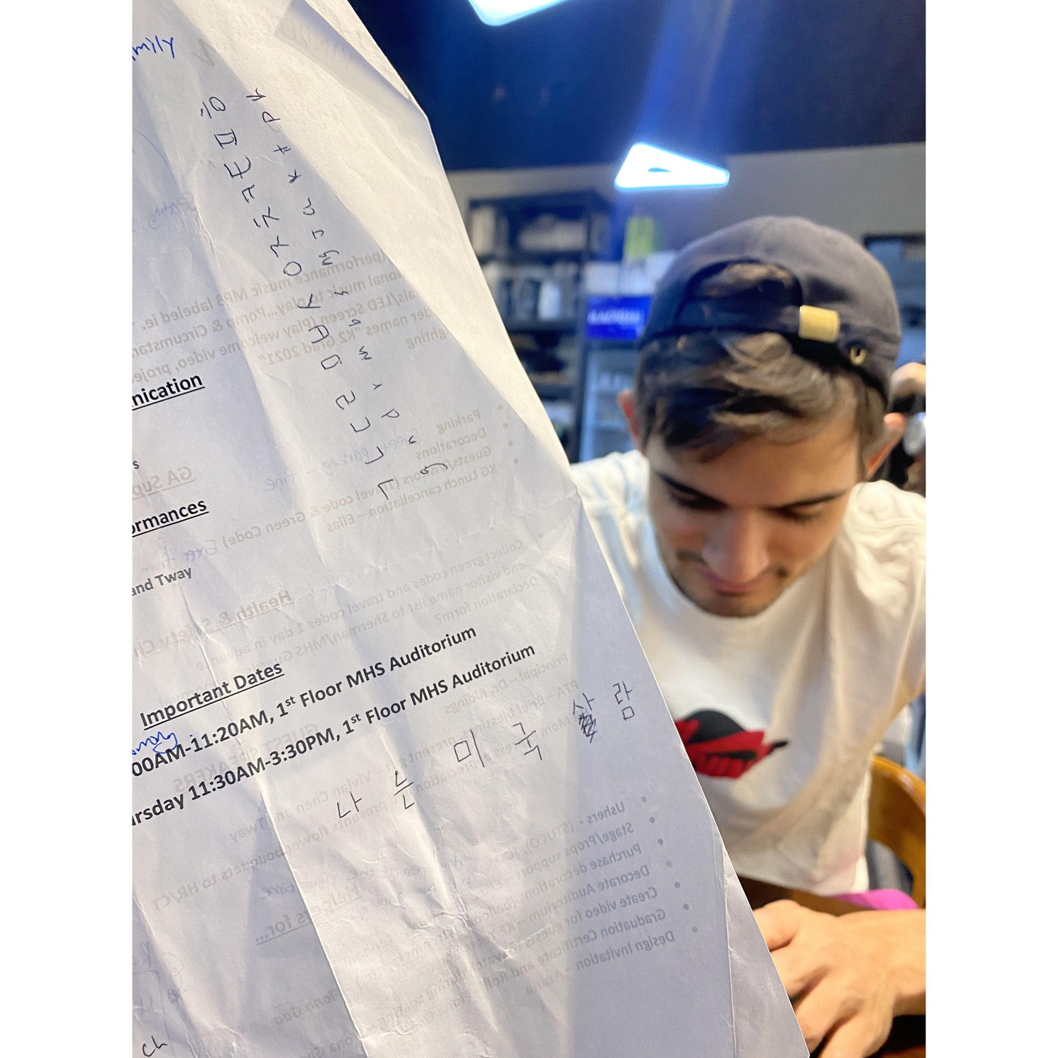 Matthew learning Korea. It says "I am Amerrikan"
