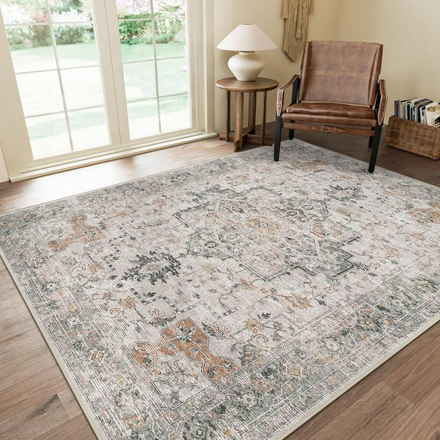 GENIMO 5x8 Area Rugs for Living Room, Machine Washable Low Pile Rugs, Chenille Non Alip Vintage Rug for Bedroom, Dining Room, Home Office, Light Taupe Brown