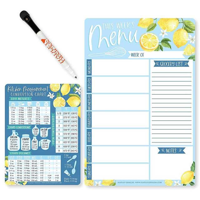 Magnetic Meal Planner for Refrigerator - Lemon Magnetic Weekly Menu Board for Kitchen Conversion Chart Magnet, Weekly Meal Planner Dry Erase Board for Refrigerator, Magnetic Menu Board for Fridge