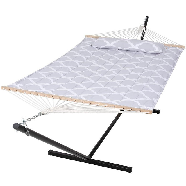 SUNCREAT Double Hammock, Extra Large Quilted Fabric Swing with Hardwood Spreader Bars & Detachable Pillow, Heavy Duty, Perfect for Indoor/Outdoor Patio, Deck, Yard, Gray Cloud