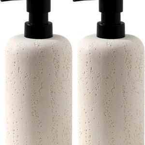 Soap Dispensers 400mL 13.5 OZ, 2 PCS Luxurious Hand Dish Lotion Shampoo Soap Dispenser Jar, Travertine Soap Bottles Rustproof Pump for Kitchen Bathroom Countertop