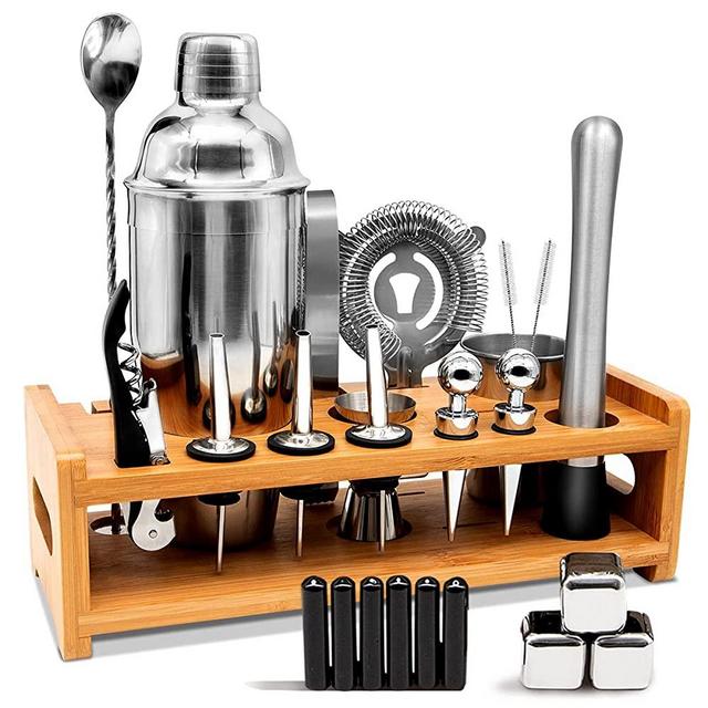 Bartender Kit Bar Set with Stand Including 26 Pieces Stainless Steel Bar Accessories, Cocktail Shaker Set for Drink Mixing Professional Strainer Set
