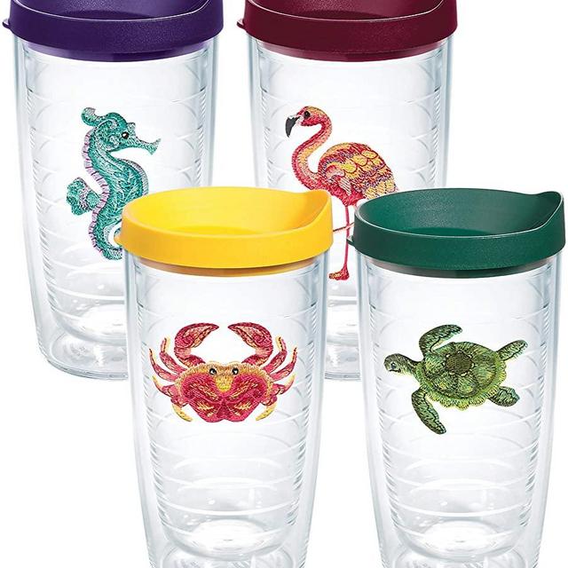 Tervis Tropical Animal Insulated Tumbler with Emblem and Assorted Lid 4 Pack - Boxed, 16 oz, Clear
