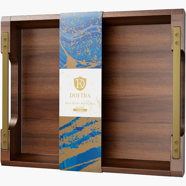 Dofira Acacia Wood Serving Tray with Metal Handles, 17x13in Large Ottoman Tray, Food Drinks Tray for Coffee Table, Breakfast, Dinner & Bar, Rustic Decorative Tray for Kitchen, Bedroom (Gift Box)