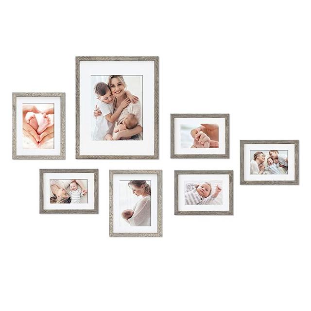 Mimosa Moments Gallery Wall Frame Set with mat for one 8x10, two 5x7 and four 4x6 pictures (Wood texture, 7 pcs set)