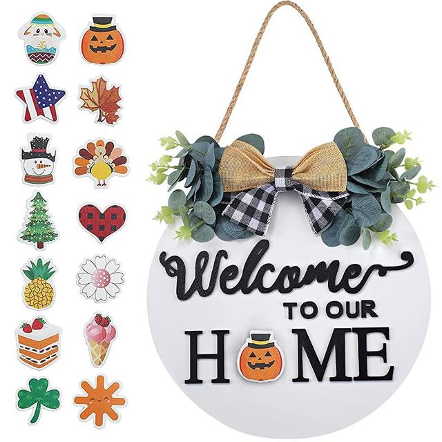 Seasonal Interchangeable Welcome Sign for Front Porch Decor, Welcome to Our Home Sign with Interchangeable Holiday Pieces, Front Door Sign for Farmhouse Home Decor and Housewarming Gift (White)