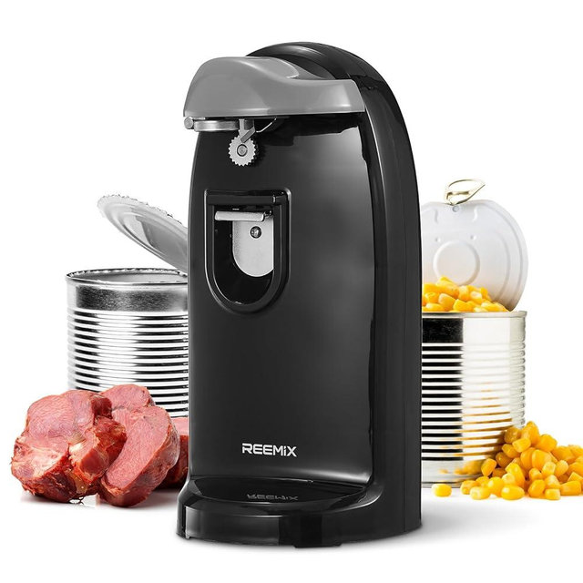 Reemix Electric Can Opener, One-Touch Operation, Knife Sharpener and Bottle Opener 3 in 1, Easy Clean Kitchen Tool for Home Use, Automatic Can Opener, Black