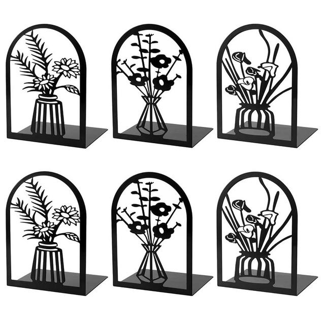 3 Pairs Metal Bookends, Flower Book Ends for Shelves Decorative, Book Stopper for Heavy Books, Ends to Hold Books for Home Office