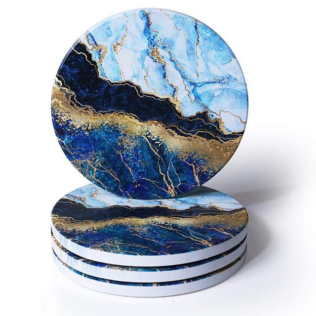 RoomTalks Turquoise and Gold Marble Coasters for Drinks Absorbent 4PCS Modern Abstract Ceramic Coaster Set Cork Back Glitter Rock Stone Coasters for Wooden/Coffee Table (Turquoise, 4 Pieces)