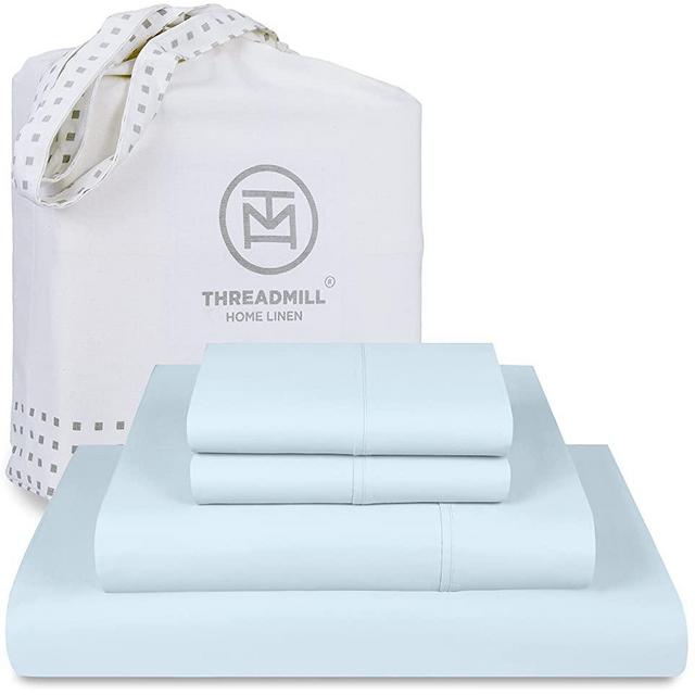 Threadmill Home Linen King-Size Sheets - 100% Pure Cotton 600 Thread Count, 4 Piece Sateen Weave Blue Bedding Set, Comfortable ELS Combed Cotton, Solid Sheets with Elasticized Deep Pocket