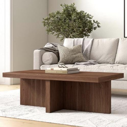 Henn&Hart 44" Rectangular Pedestal Low-Profile Coffee Table for Living Room, Family Room, or Office, Satin Walnut