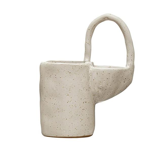 Creative Co-Op Stoneware Dish Brush, White Speckled Finish Sponge Holder