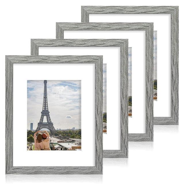 Hongkee 11x14 Picture Frame Set of 4, Made of Real Glass and Grey Wooden Frame, Display 8x10 Pictures with Mat or 11 x 14 Posters without Mat for Wall Mounting, Gallery Photo Frames