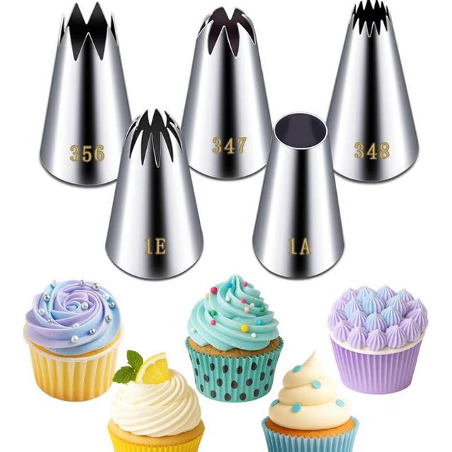 Suuker Large Piping Tips Set, Stainless Steel Frosting Piping Kit, 5 Pieces Pastry Cake Decorating Tips Baking Tools for Cookies Cupcake Decorating Kit (1A 1E 348 347 356)