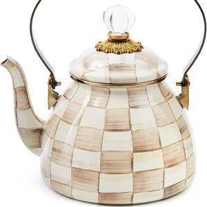 MACKENZIE-CHILDS Enamel Tea Kettle, Stylish Tea Kettle for Stovetop, Brown-and-White Mocha Check, 2 Quarts