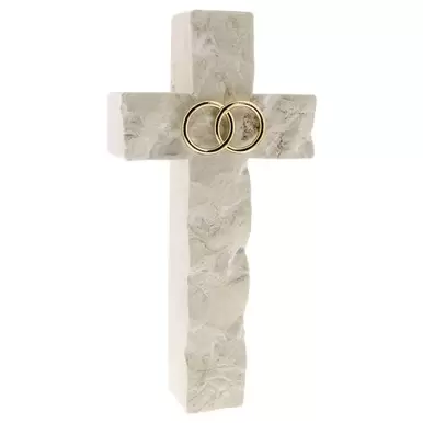 Gold Wedding/ Anniversary Jerusalem Stone Wall Cross - 7.5 inch