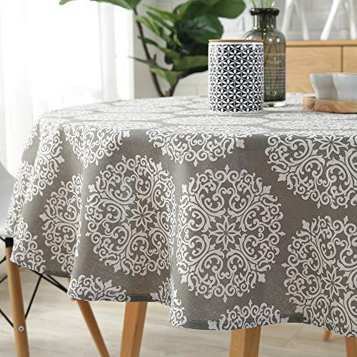 ColorBird Grey Medallion Tablecloth Cotton Linen Dust-Proof Table Cover for Kitchen Dinning Tabletop Linen Decor (Round, 60 Inch)