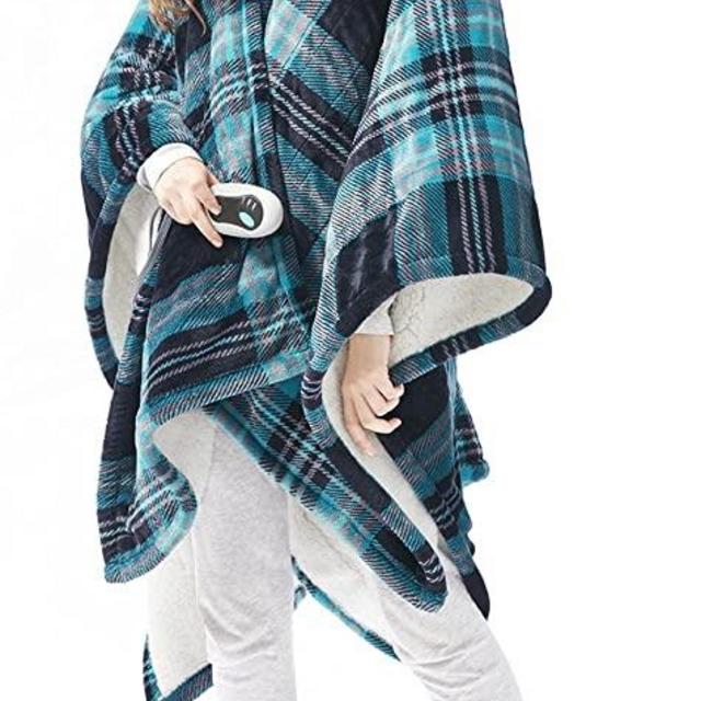 Beautyrest Ultra Soft Sherpa Berber Fleece Electric Poncho Wrap Blanket Heated Throw with Auto Shutoff, 50" W x 64" L, Aqua Plaid