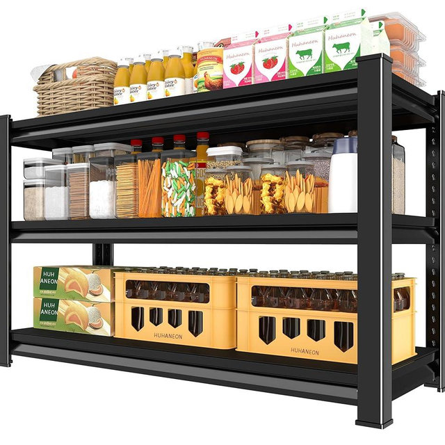 Huhaneon Metal Garage Shelving for Storage - 48'' Wide 1,560 Lbs Heavy Duty 3 Tier Utility Shelves Adjustable - Freestanding Rack Units for Kitchen Pantry Basement - Black 48" W x 16" D x 39" H