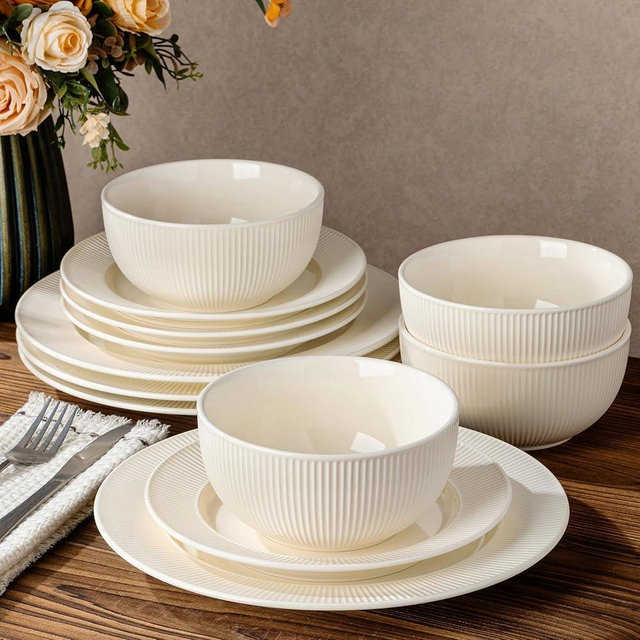 TheTerra Stoneware Dinnerware Sets for 4, 12 Pieces Ceramic Plates and Bowls Sets, Scratch Resistant Embossed Dish Set, Oven, Microwave & Dishwasher Safe, Beige