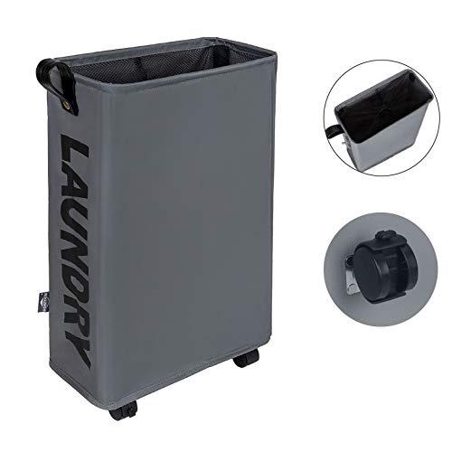 DOKEHOM Slim Laundry Basket with Leather Handle on Wheels, Foldable Corner Storage Bins, Collapsible Rolling Laundry Hamper. L39 xW19 xH58cm (Dark Grey, M)