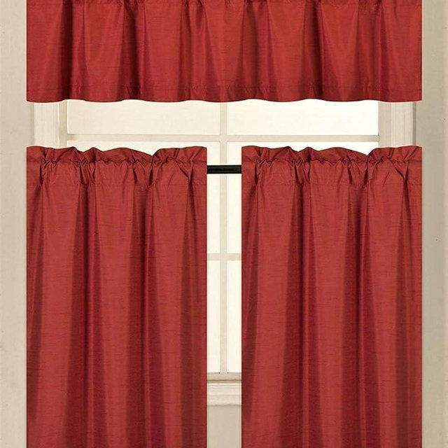 Fancy Collection 3 Pieces Faux Silk Blackout Kitchen Curtain Set Tier Curtains and Valance Set Red Color Window Set Thermal Backing Drapes Assorted Colors New