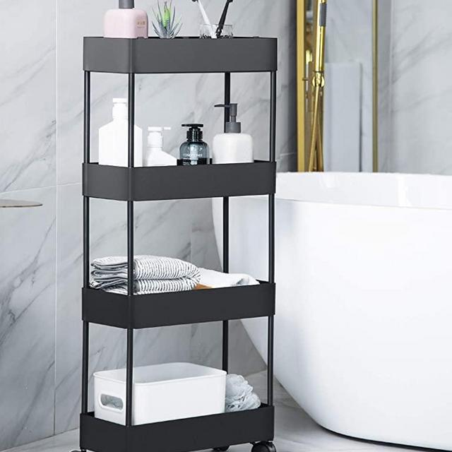 BASSTOP Storage Cart 4 Tier Bathroom Storage Organizer Rolling Utility Cart, Slide Out Storage Shelves Mobile Shelving Unit for Bathroom Kitchen Bedroom Laundry Narrow Places, Black