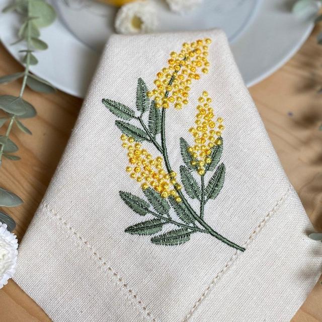 Embroidered Mimosa Linen Napkins | Vintage Napkins | Spring dinner napkins | Wedding Napkins | Hemstitched Linen Napkins | Housewarming Gift