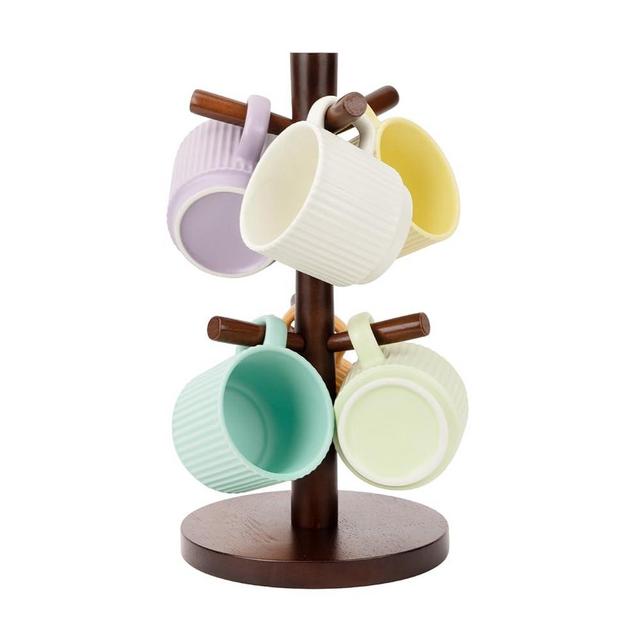 E-ROOM TREND Mug Holder 2 Pack Dia 6.7" Large Thicken Base Steady Oak Wood Coffee Cup Rack Organizer with 6 Hooks Stand for Countertop Coffee Bar Accessories and Décor Organizer Station (MH272)