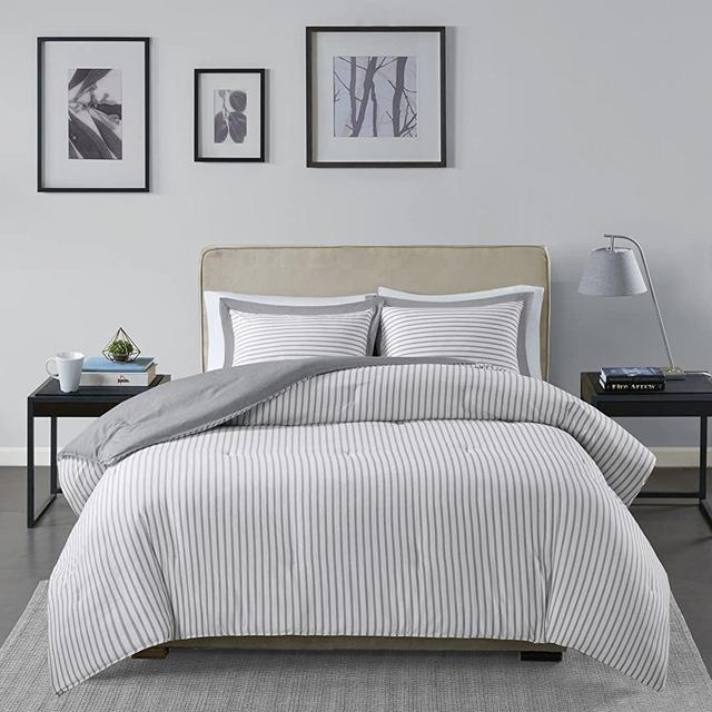 Madison Park Essentials Hayden Reversible Stripes – 3 Piece Teen Set – Ultra Soft Microfiber Bed Comforters, King/Cal King, Grey
