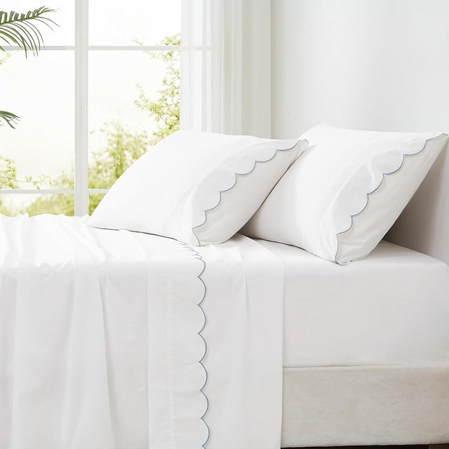 Lush Decor Coastal Chic Scalloped Edge Cotton Sheet Set 4 Piece Set King Blue - White Sheets - Scallop Trim - Bed Sheets - Coastal Decor