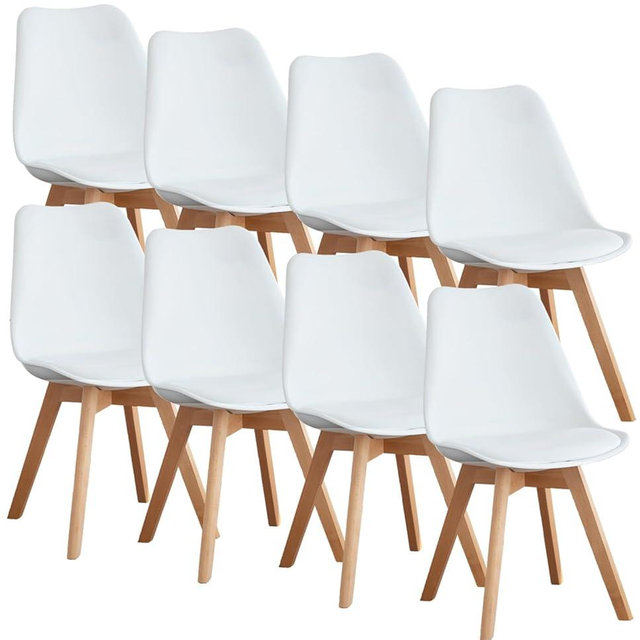 OLIXIS Dining Chairs Set of 8 Kitchen Mid Century Modern Chairs with Wood Legs and PU Leather Cushion for Living Room Bedroom Outdoor Lounge, White
