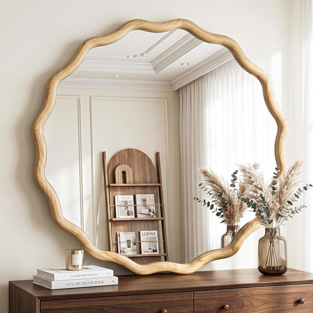 FICTOR Round Wood Mirrors for Wall 36", Boho Wavy Circle Mirror with Natural Wooden Frame, Scalloped Decorative Mirror for Living Room, Bedroom, Entryway, Bathroom
