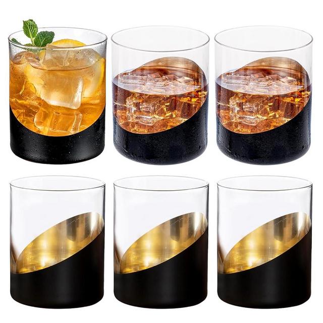 MyGift 12 oz Modern Cocktail Glasses with Slanted Matte Black and Gold Tone Plated Design, Angled Dipped Design Double Old Fashioned Lowball Whiskey Rocks Drinking Glass, Set of 6