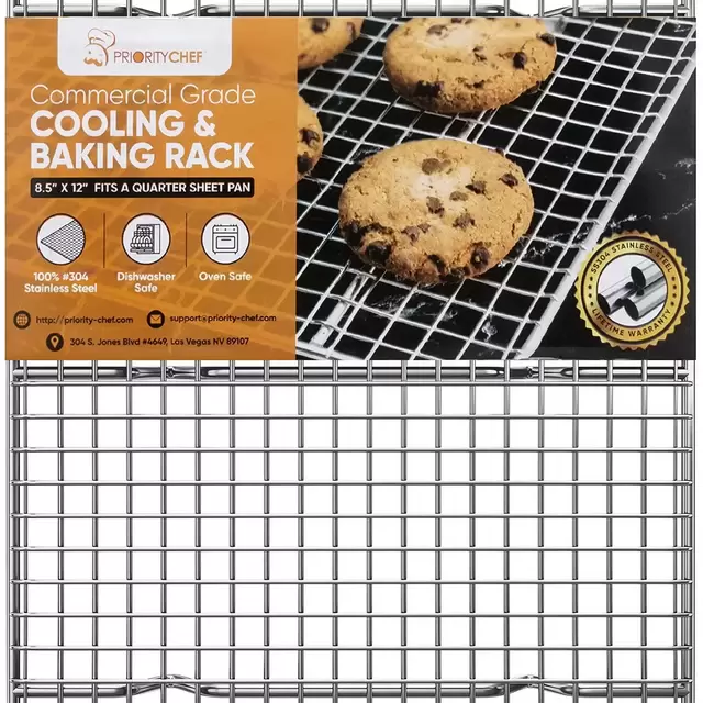 PriorityChef 18/8 Stainless Steel Cooling Rack, Heavy Duty Baking Rack For Oven Cooking, Fits Quarter Sheet Pan, Wire Rack For Cooking, Bacon, Cookie Cooling Rack, 8.5" x 12"