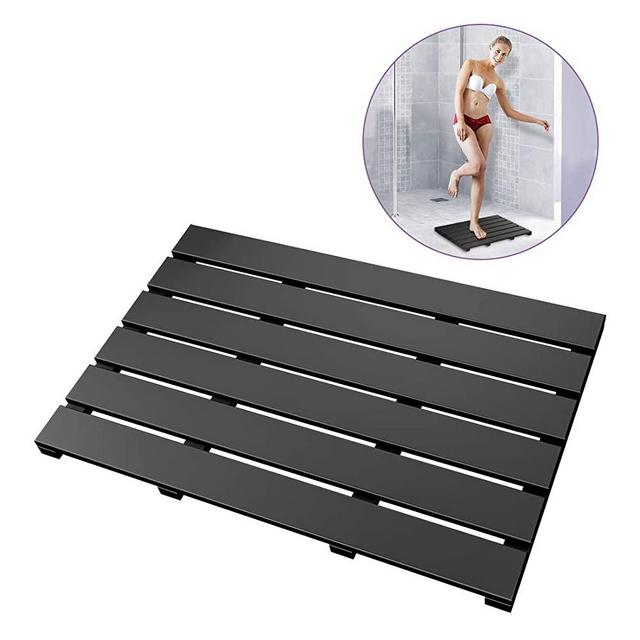 Bath Mat for Bathroom Luxury Shower - Non-Slip Bamboo Wooden Waterproof Floor Mat for Indoor or Outdoor Use (Black)