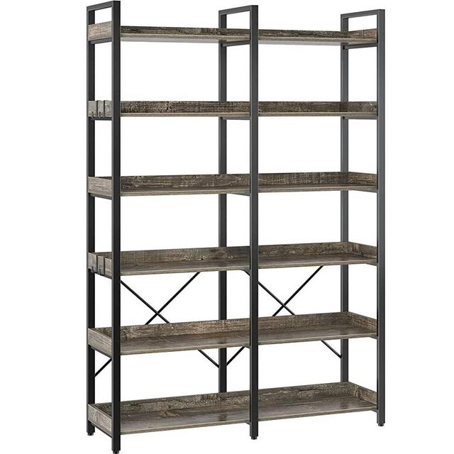 Seventable Bookshelf 6 Tier with 4 Hooks，69”Industrial Wooden Bookcase, Vintage Storage Rack with Open Shelves, Rustic Standing Bookshelves Metal Frame 47.3” Wide Display Rack for Living Room, Gray