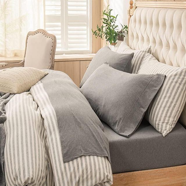 PURE ERA Jersey Knit 4pc Bed Sheet Set 100% T-Shirt Heather Cotton Super Soft Comfy Breathable Fits Mattress Up to 20" Extra Deep Pocket (Dark Grey, Queen)