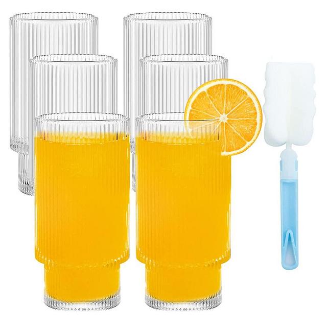 VKDONE Ribbed Glassware Drinking Glasses Set of 6, 12 oz Origami Style Vintage Ripple Glassware, Ridged Glass Tumbler Ideal for Juice, Iced Coffee, Tea, Coocktail, Cocktail, Whiskey, Beer