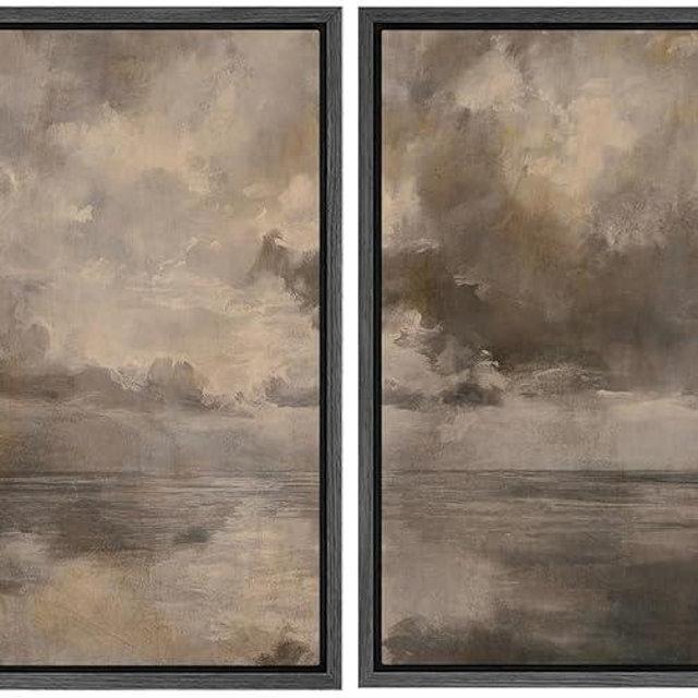 SIGNFORD Framed Canvas Print Wall Art Set Abstract Seascape Horizon Neutral Coastal Landscape Modern Art Relax/Calm for Living Room, Bedroom, Office - 16"x16"x2 BLACK