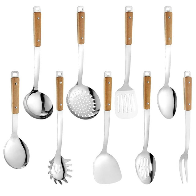 9pcs Cooking Utensils Set 304 Stainless Steel Kitchen Utensils with Wooden Hanlde Metal Kitchen Utensils Soup Ladle Set Dishwasher Safe Kitchen Essentials Set Kitchen Tool Set, Dishwasher Safe