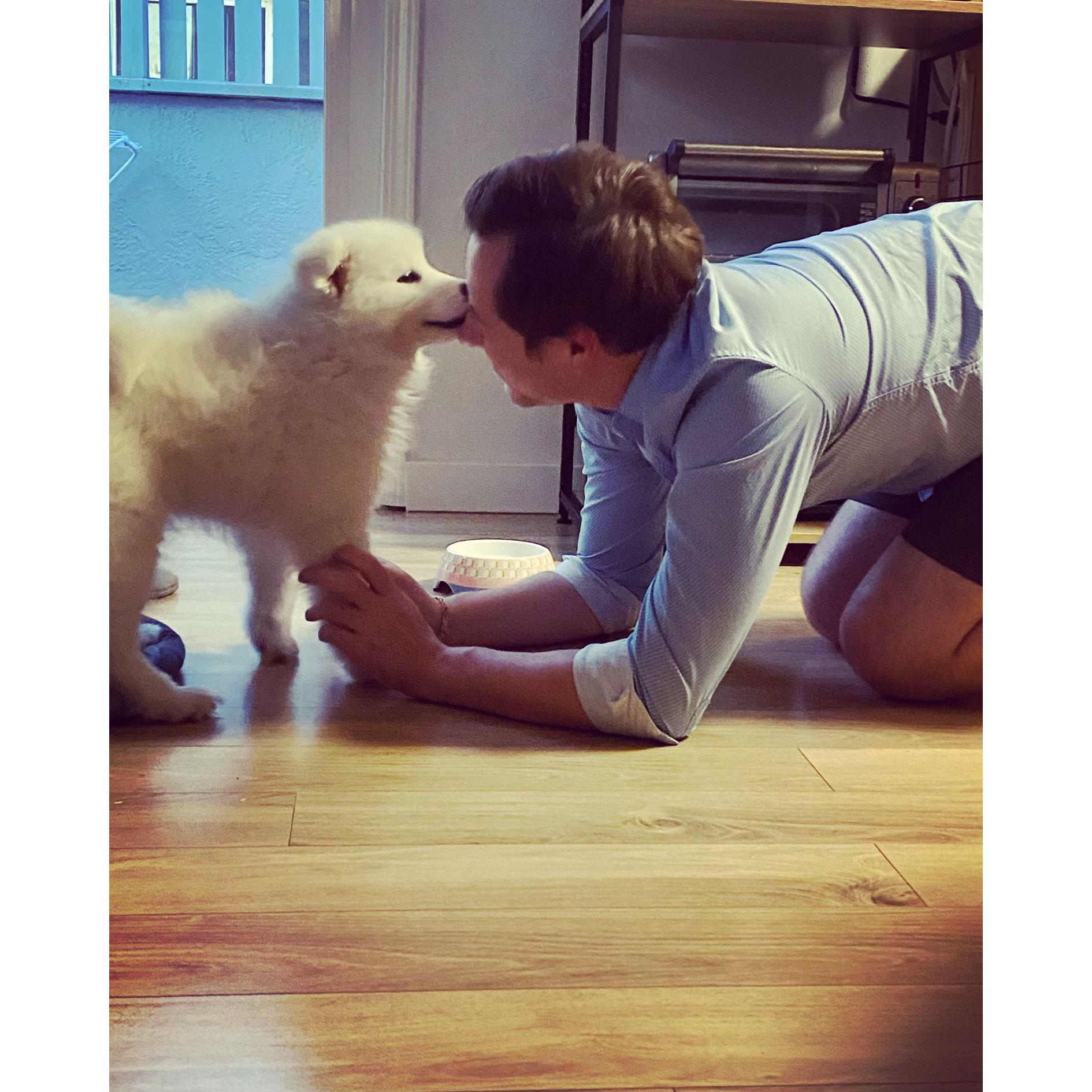 Puppy Bao kisses for dad.