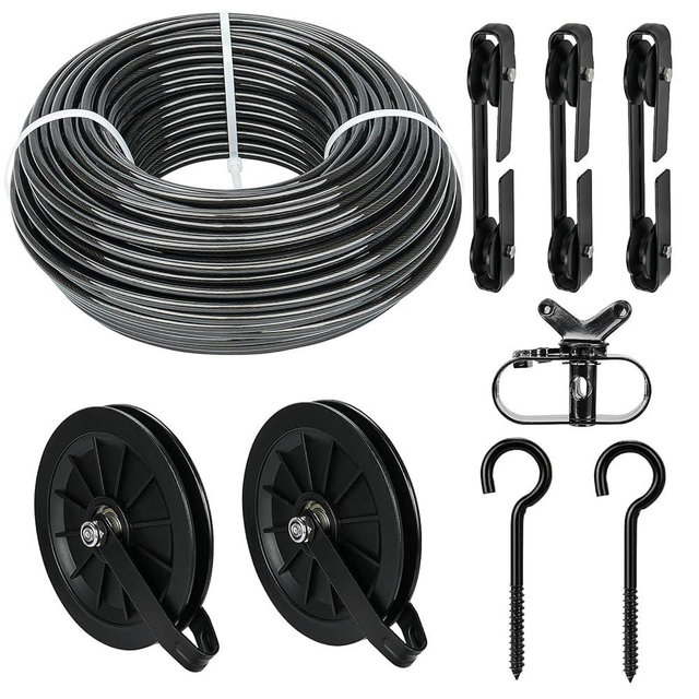 Outdoor Clothesline Kit, 150ft Black PVC Coated Galvanized Clothes Line Pulley Kit with 6.3" Clothesline Pulley, M8 Metal Hooks, 3Pcs Separator, Outdoor Clothes Line Heavy Duty