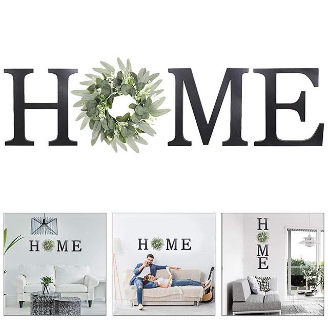 Wooden Home Sign Wall Hanging Decor- Wood Home Letters for Wall Art with Artificial Eucalyptus Wreath Rustic Home Decor, Wall Decor for Living Room Kitchen Housewarming Gift