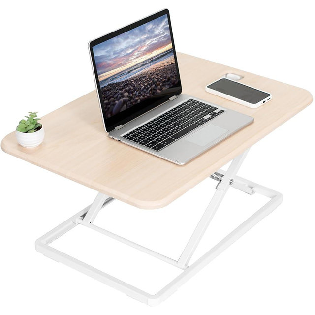 VIVO Ultra-Slim Single Top Height Adjustable Standing Desk Riser, Compact Sit Stand Desktop Converter for Monitor or Laptop, Light Wood, DESK-V001JF